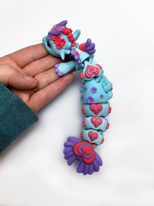 Articulated Cherry Blossom Heart Dragon – 7" Flexi Dragon Fidget Toy, Cute 3D Printed Desk Pet, Valentine Dragon, Fantasy Creature